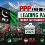 A featured news graphic showing the PPP flag, supporters, ballot box, and the Gilgit-Baltistan map against a mountain backdrop following the 2026 Gilgit-Baltistan elections.