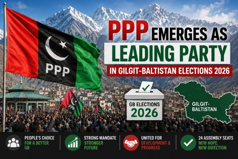 A featured news graphic showing the PPP flag, supporters, ballot box, and the Gilgit-Baltistan map against a mountain backdrop following the 2026 Gilgit-Baltistan elections.