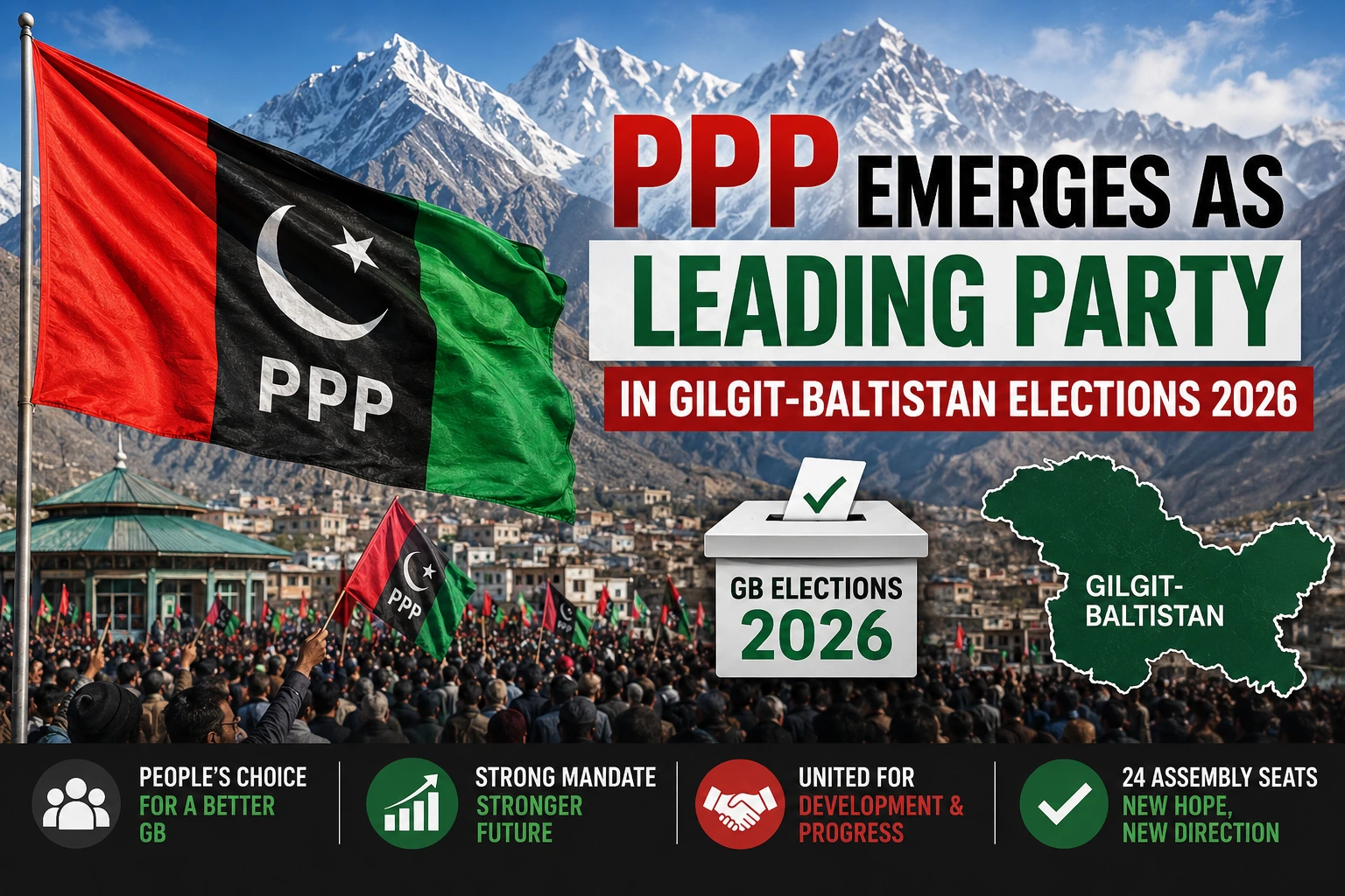 A featured news graphic showing the PPP flag, supporters, ballot box, and the Gilgit-Baltistan map against a mountain backdrop following the 2026 Gilgit-Baltistan elections.