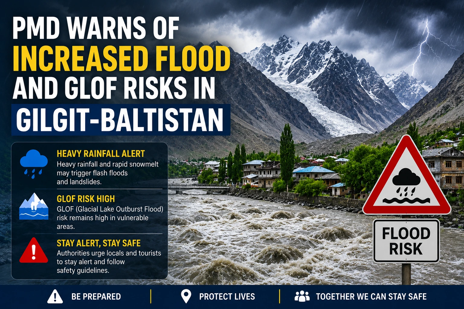 Weather alert graphic showing flooded river conditions, storm clouds, snow-covered mountains, and a flood risk warning sign in Gilgit-Baltistan following a PMD advisory.