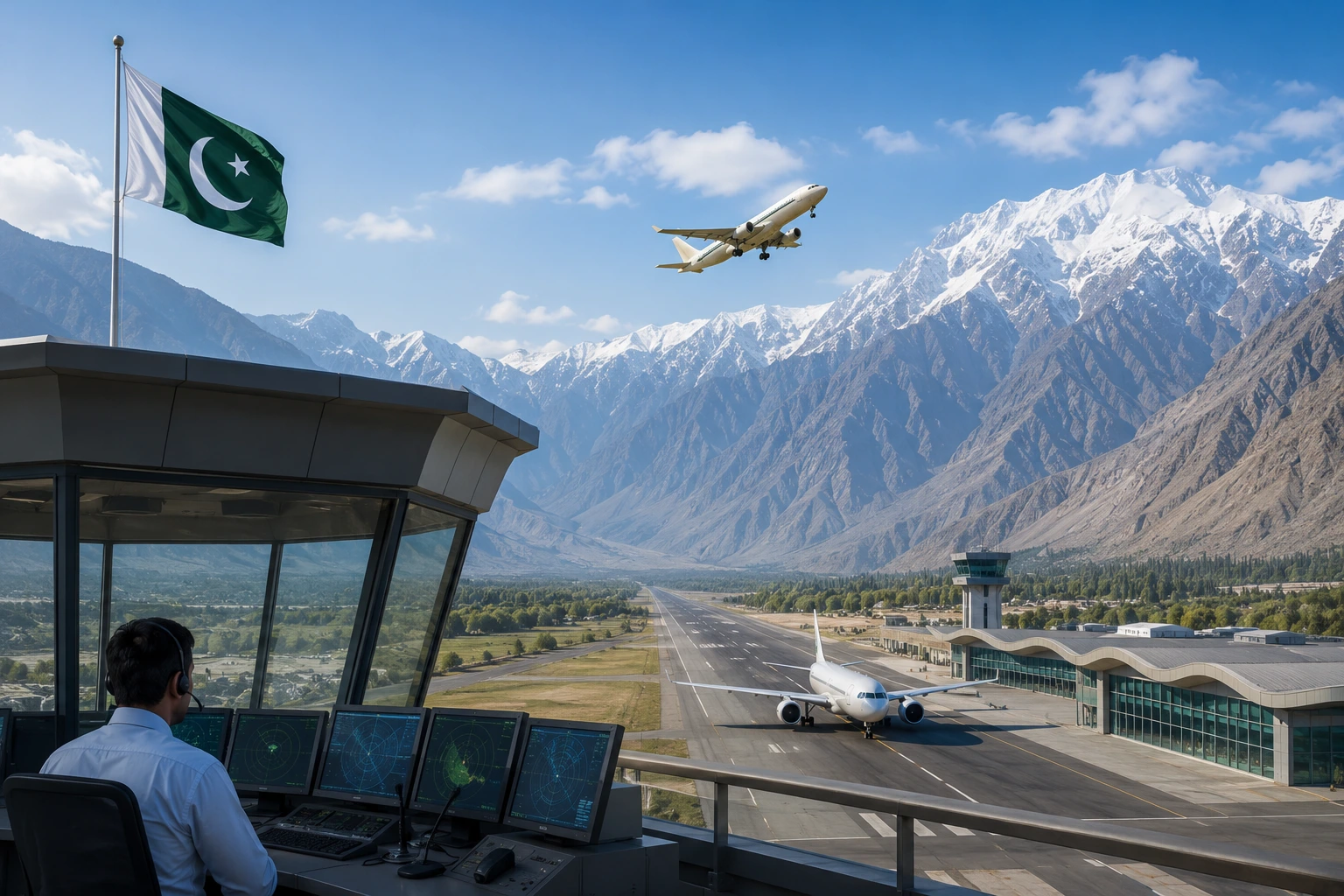 An elevated, wide-angle view of Skardu Airport in Pakistan, showcasing a modern control tower equipped with advanced satellite and radar dishes. In the foreground, aviation officials and technicians stand on the tower balcony, looking out over a wide runway and a terminal building where Pakistan International Airlines (PIA) aircraft are parked.