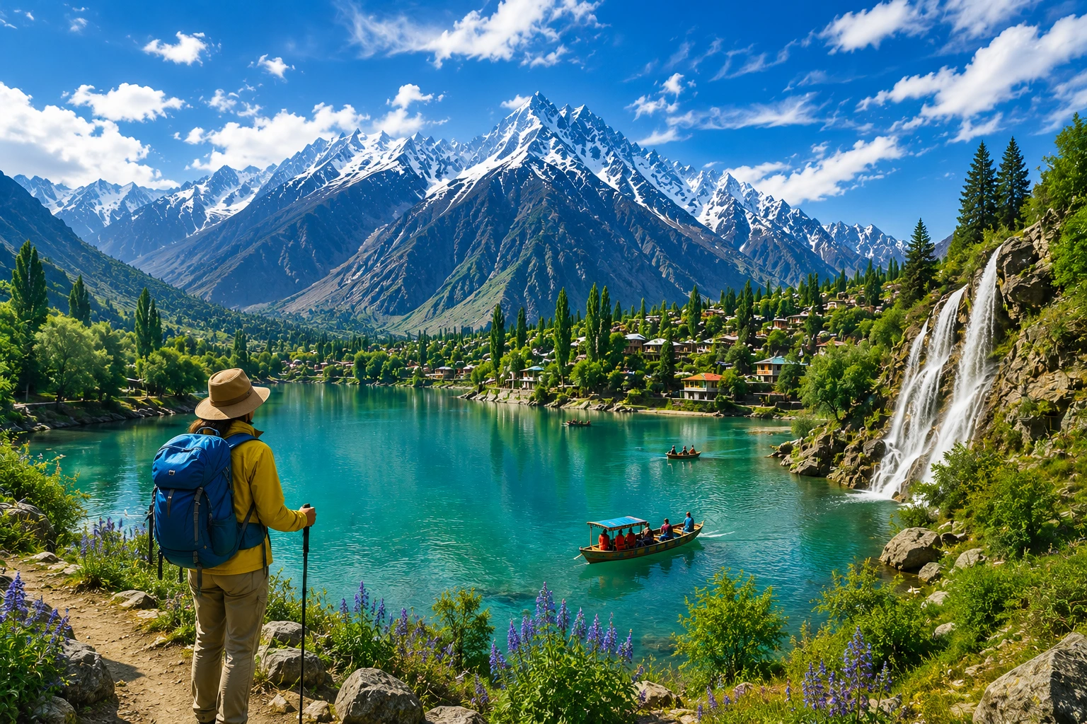 Tourists overlooking a turquoise lake surrounded by snow-capped mountains, waterfalls, and lush green valleys in Gilgit-Baltistan.