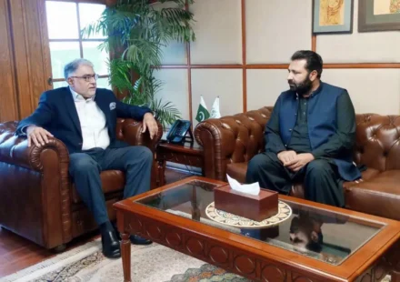 Chief Minister Gilgit-Baltistan Amjad Hussain meets NDRMF CEO Amir Khan Goraia in Islamabad to discuss climate resilience and disaster risk reduction initiatives.