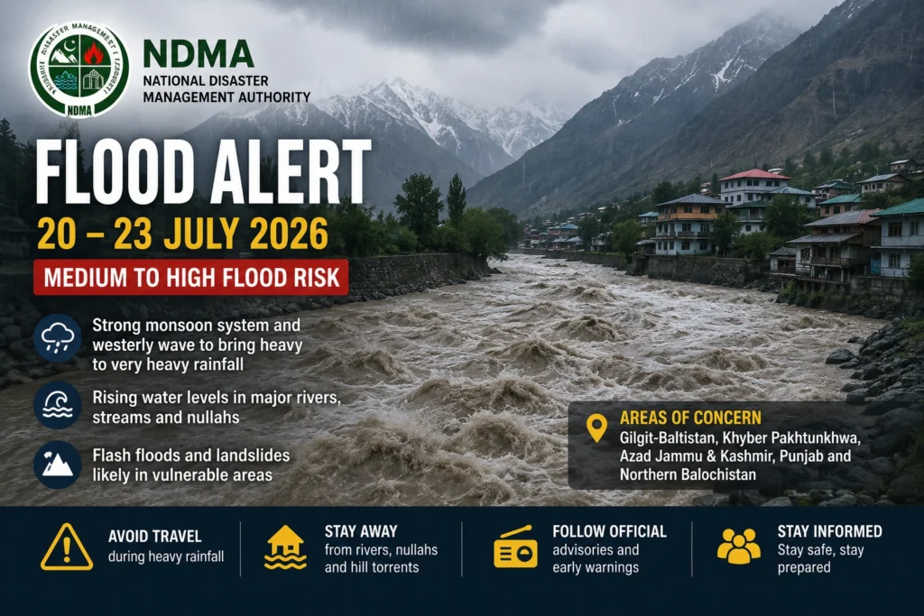 Flood alert graphic showing a swollen river flowing through a mountain valley under dark storm clouds, highlighting the NDMA warning for medium to high flood risk from 20–23 July 2026 in Gilgit-Baltistan and other northern regions of Pakistan.