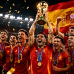 Spain's national football team celebrates after winning the FIFA World Cup 2026, lifting the championship trophy amid confetti, fireworks, and a packed stadium, with the Spanish flag waving in the background.