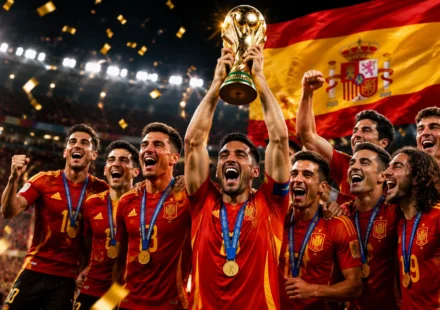 Spain's national football team celebrates after winning the FIFA World Cup 2026, lifting the championship trophy amid confetti, fireworks, and a packed stadium, with the Spanish flag waving in the background.