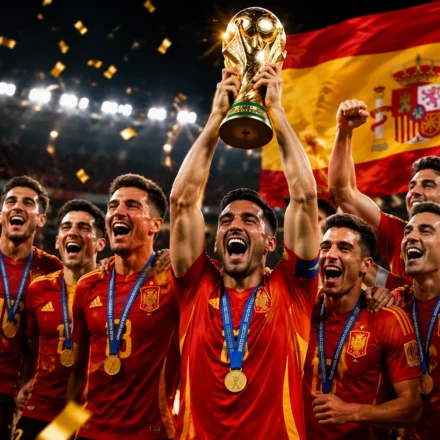Spain's national football team celebrates after winning the FIFA World Cup 2026, lifting the championship trophy amid confetti, fireworks, and a packed stadium, with the Spanish flag waving in the background.