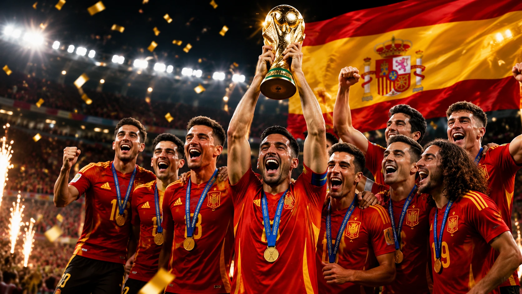 Spain's national football team celebrates after winning the FIFA World Cup 2026, lifting the championship trophy amid confetti, fireworks, and a packed stadium, with the Spanish flag waving in the background.