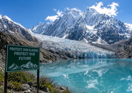 A glacier and turquoise glacial lake surrounded by snow-covered mountains in Gilgit-Baltistan, highlighting the proposed Glacier Protection Authority and climate resilience efforts.