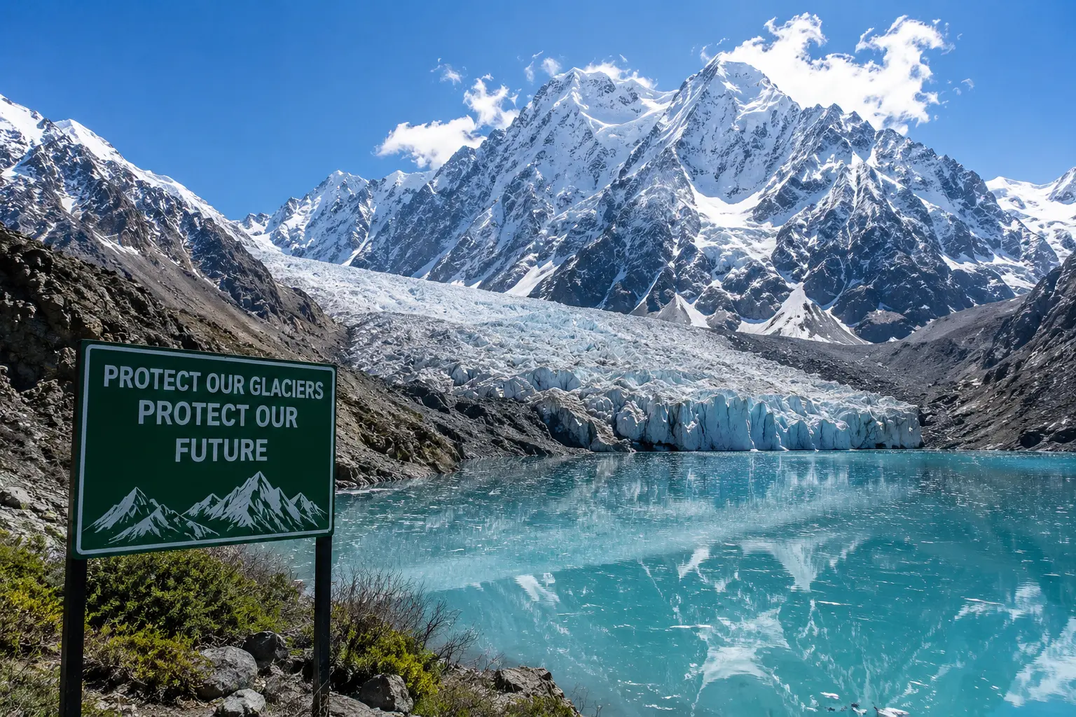 A glacier and turquoise glacial lake surrounded by snow-covered mountains in Gilgit-Baltistan, highlighting the proposed Glacier Protection Authority and climate resilience efforts.