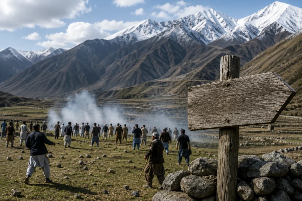 Current image: People gathered in a high-altitude pasture in Kharmang, Gilgit-Baltistan, following a deadly clash over a grazing land dispute, with snow-capped mountains in the background.
