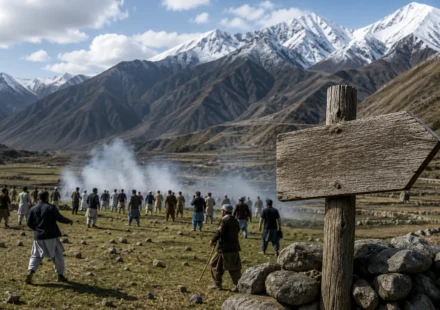 People gathered in a high-altitude pasture in Kharmang, Gilgit-Baltistan, following a deadly clash over a grazing land dispute, with snow-capped mountains in the background.