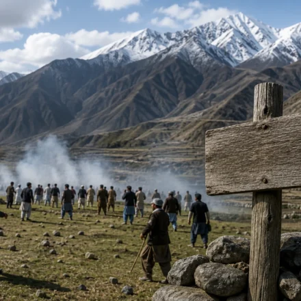 People gathered in a high-altitude pasture in Kharmang, Gilgit-Baltistan, following a deadly clash over a grazing land dispute, with snow-capped mountains in the background.