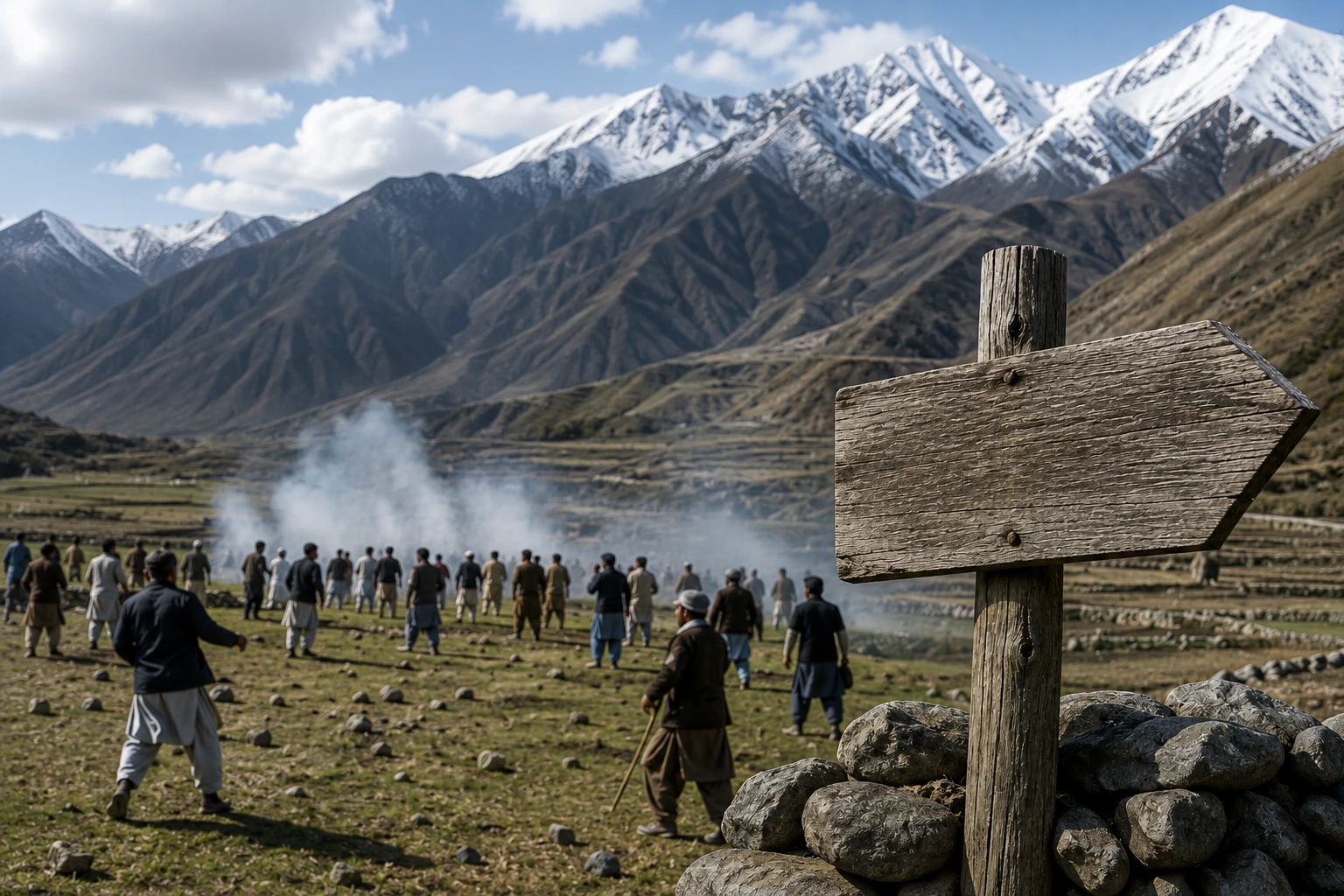 People gathered in a high-altitude pasture in Kharmang, Gilgit-Baltistan, following a deadly clash over a grazing land dispute, with snow-capped mountains in the background.