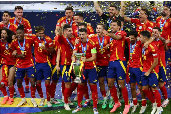 Spain World Cup 2026 champions celebrating with the FIFA World Cup trophy after defeating Argentina.