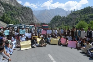 Residents protest prolonged power load shedding on the Karakoram Highway in Gilgit-Baltistan.