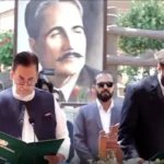 Advocate Amjad Hussain taking the oath of office as Chief Minister of Gilgit-Baltistan at Chinar Bagh, Gilgit