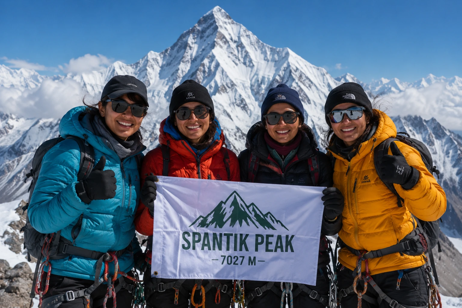 Four women mountaineers from Gilgit-Baltistan pose on the snow-covered summit of Spantik Peak, holding a Pakistani flag.