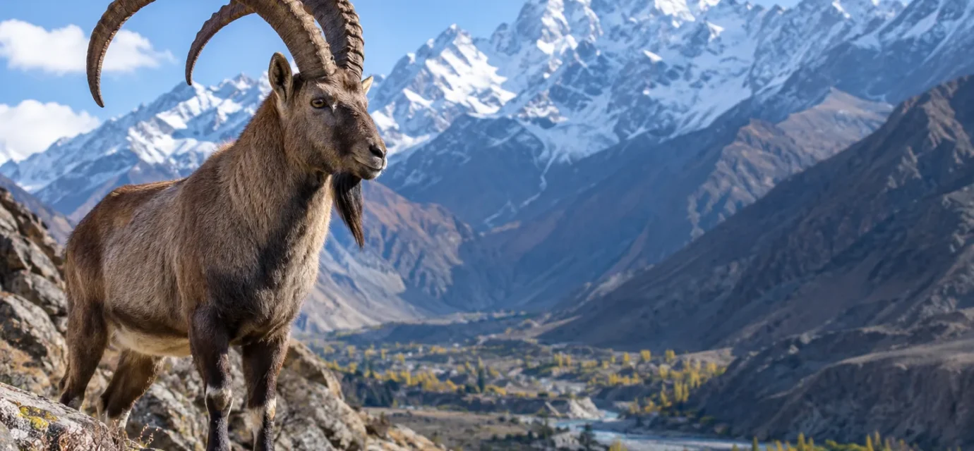 Himalayan ibex standing on a rocky mountain slope in Gilgit-Baltistan