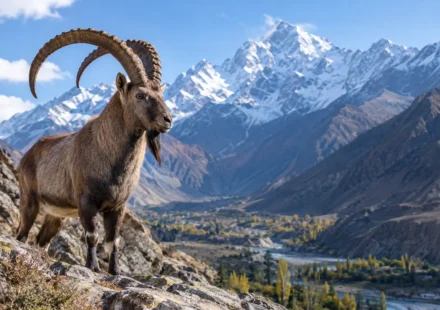 Himalayan ibex standing on a rocky mountain slope in Gilgit-Baltistan