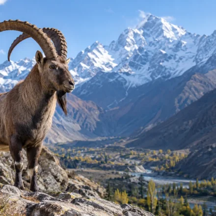 Himalayan ibex standing on a rocky mountain slope in Gilgit-Baltistan