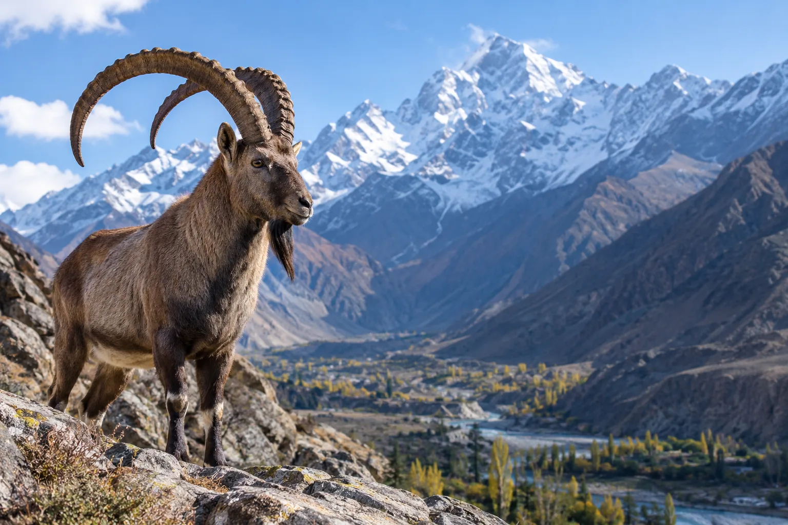Himalayan ibex standing on a rocky mountain slope in Gilgit-Baltistan
